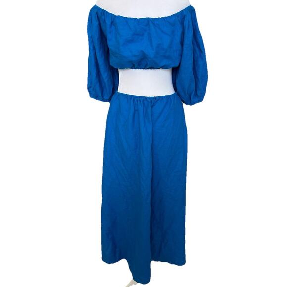 FARM RIO Linen Dress Med Blue Cut Out Off Shoulder Boho Artsy Coastal Nautical - Picture 7 of 16
